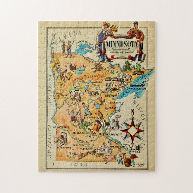 Minnesota Ilustrado Quebra-Cabeça Mapa 11x14 (Vertical)