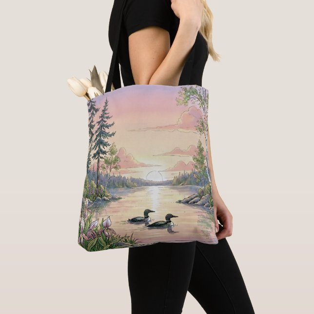 Minnesota Lake Sunset with Loons, Tote Bag (Close Up)