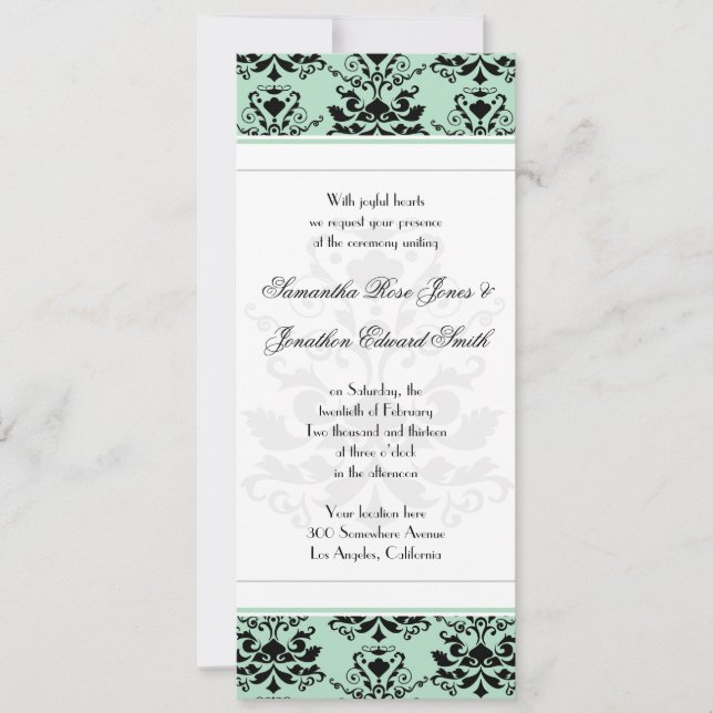Mint & Black Damask com Convite de casamento branc (Frente)