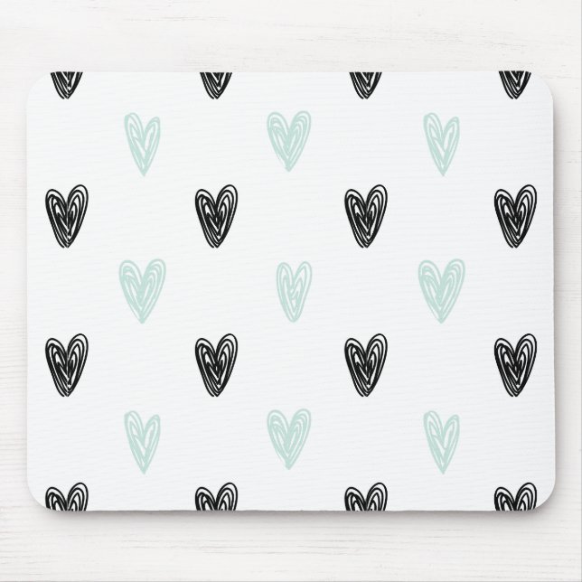 Mint & Black Hearts Doodles Pattern Mousepad (Frente)