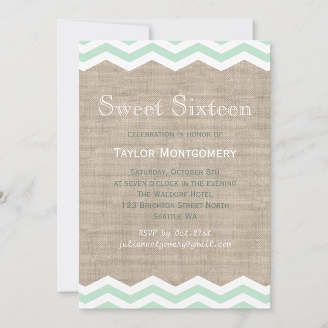 Mint Chevrons sobre Burlap Sweet Sixten Convite (Frente)