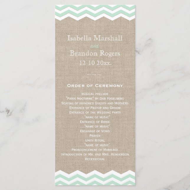 Mint Chevrons sobre o Programa de Casamento Burlap (Frente)