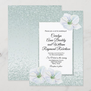 Mint Green Glitter e Flores Convite para Casamento