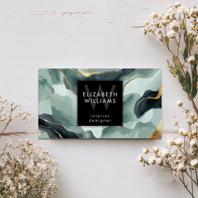 Mint Green Gold Abstract Monogram Business Cards (Criador carregado)