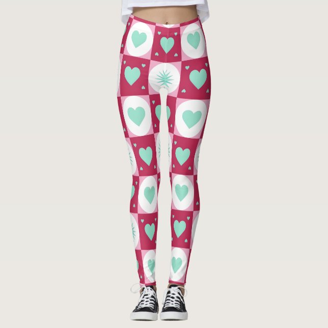 Mint Hearts & Retro Stars Leggings (Frente)