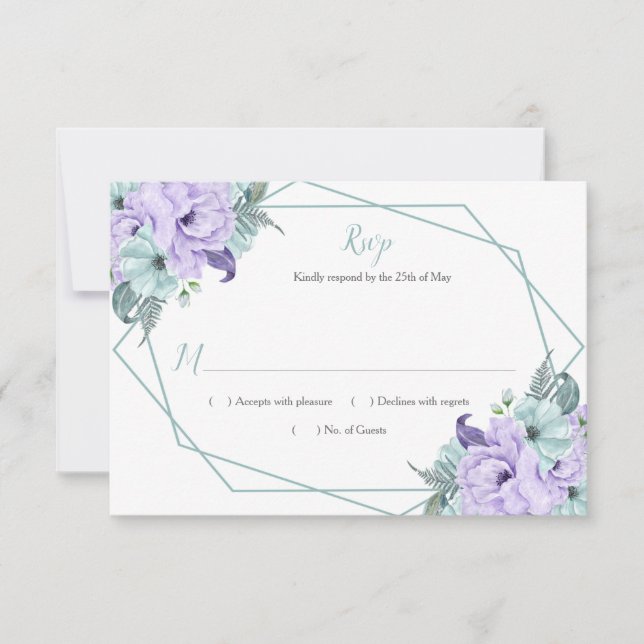 Mint Lavanda Watercolor Peonies RSVP Geométrico (Frente)
