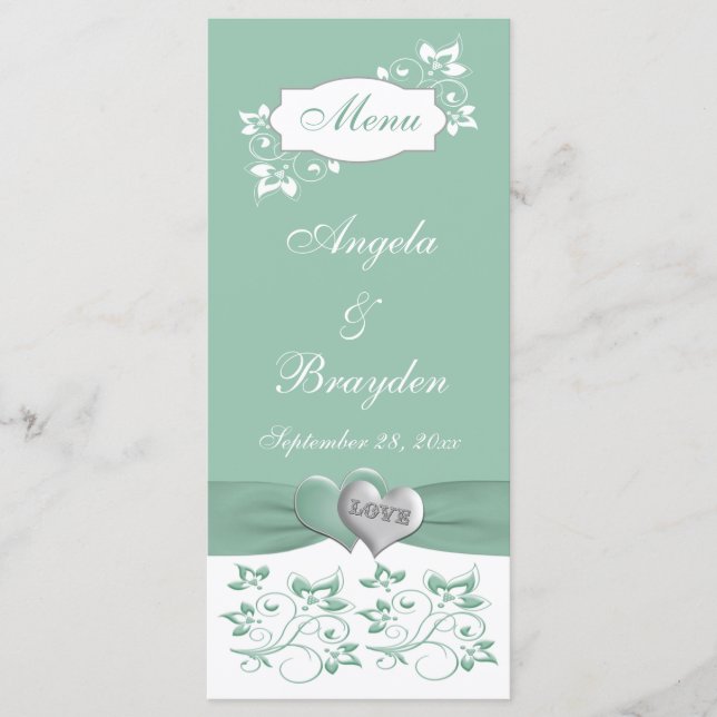 Mint, White Floral Menu Card (Frente)