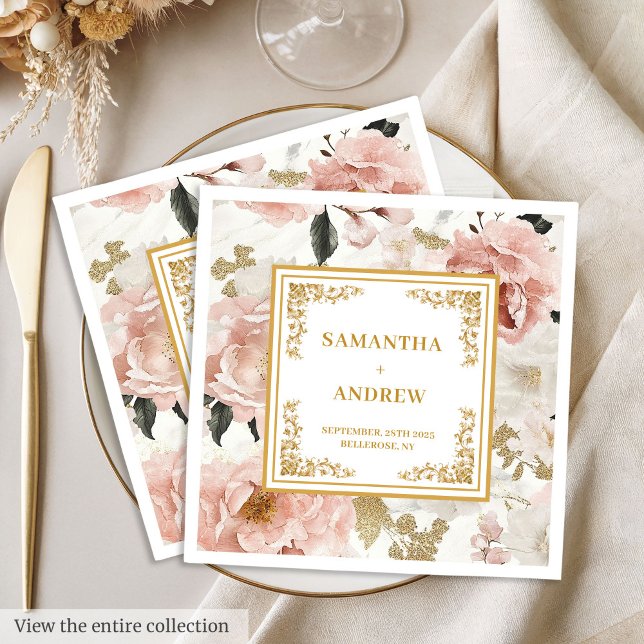 Minúsculo guardanapos florais de marfim cor-de-ros (Minimalist dusty pink ivory floral wedding napkins)