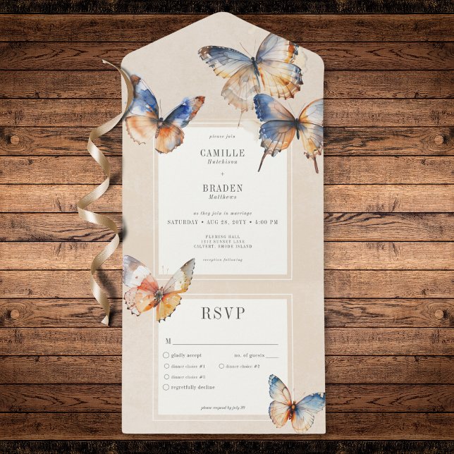 Minúsculo Mínimo Moderno Borboletas Azuis e Ferrug (Modern Minimal Blue & Rust Butterflies Dinner All In One Invitation)