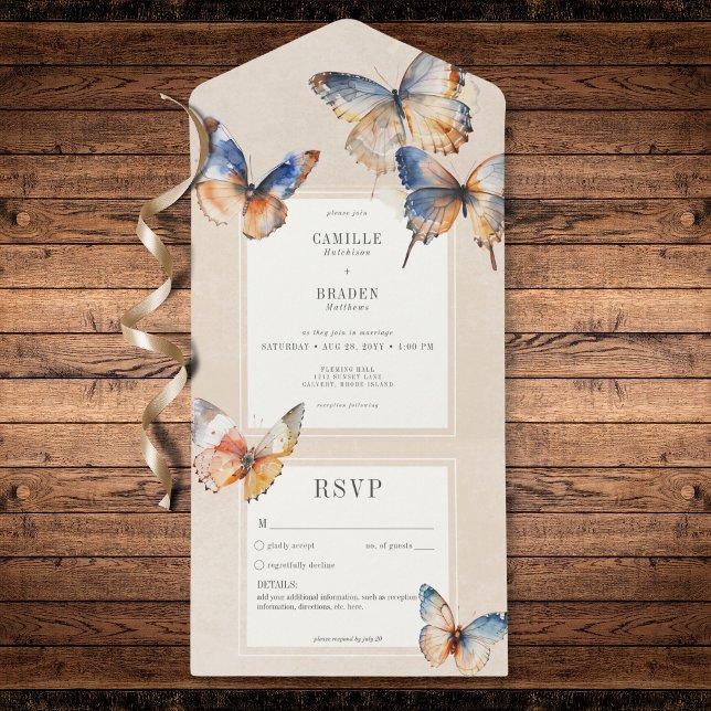 Minúsculo Mínimo Moderno Borboletas Azuis Que Sem  (Modern Minimal Blue & Rust Butterflies No Dinner All In One Invitation)