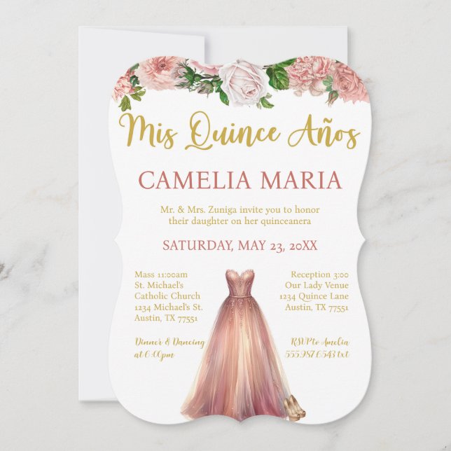 Mis Quince Anos Pink Dourado Convite de Aniversári (Frente)