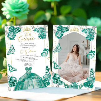 Mis Quince Foto Convite Espanhol Emerald Green