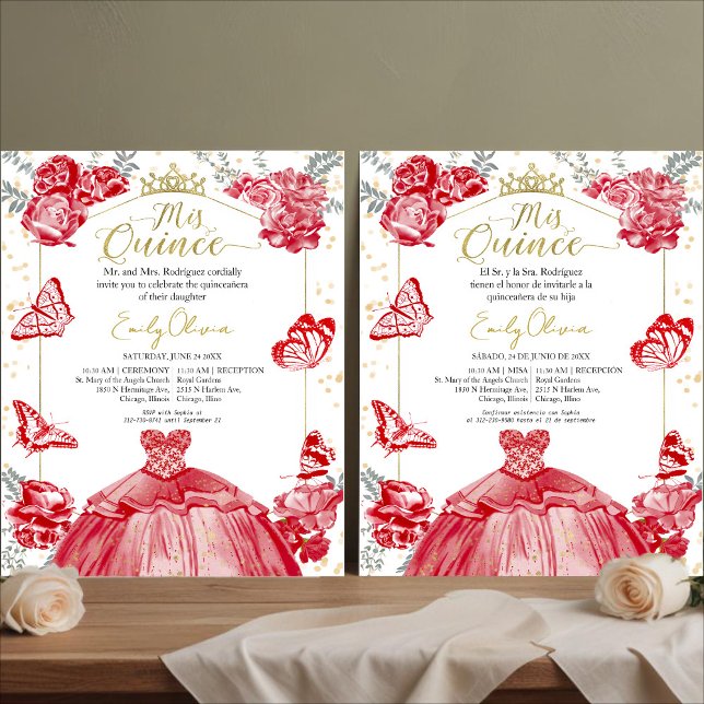 Mis Quince Orçamento Convite Bilíngue Red Floral (Criador carregado)