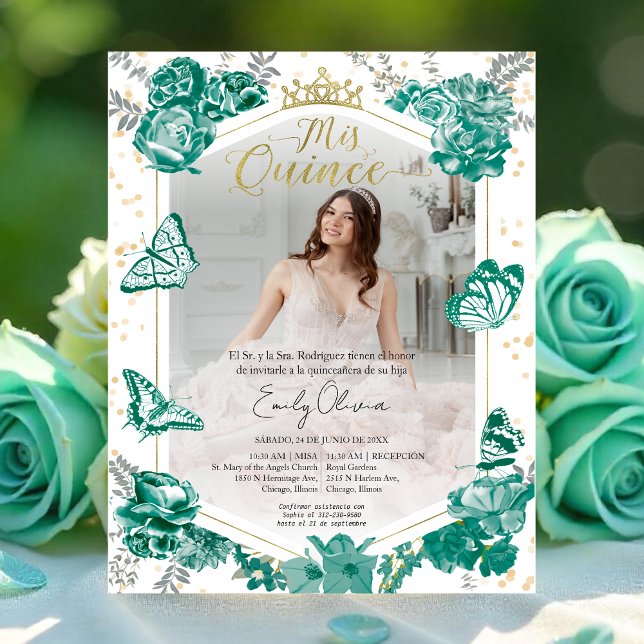 Mis Quince Photo Budget Convite Espanhol Verde (Criador carregado)