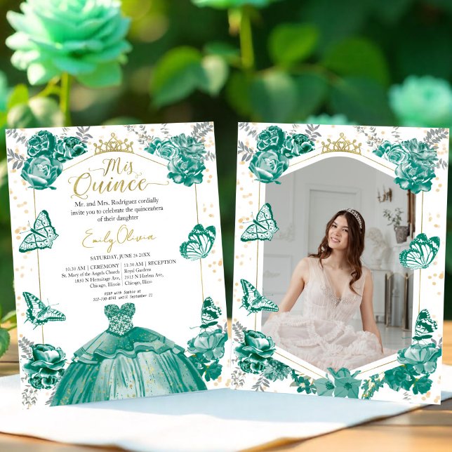 Mis Quince Photo Budget Invitation Emerald Green (Criador carregado)