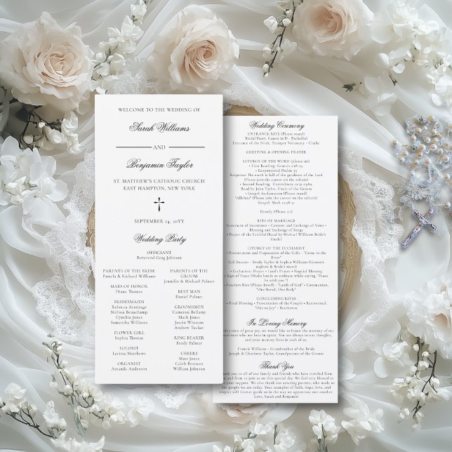 Missa do Programa de Cerimônia de Casamento Católi (This elegant wedding program features a classic script font and all your nuptial Mass details.)