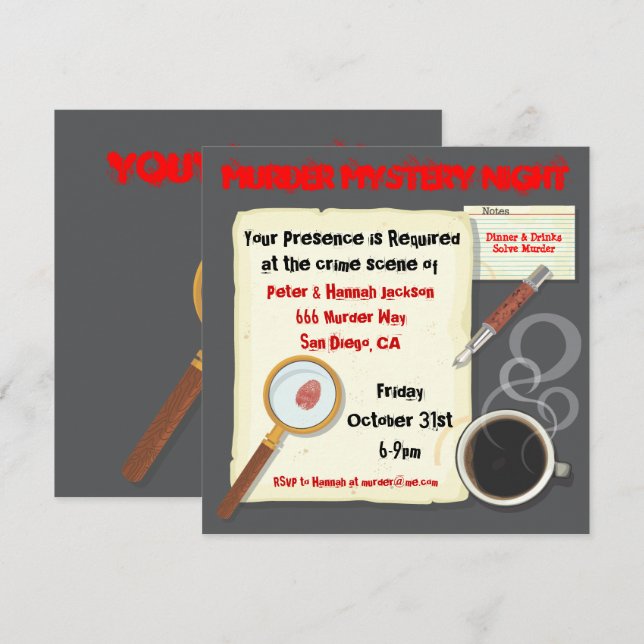 Mistério de Assassinato Convite de festas Noturno (Frente/Verso)