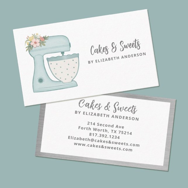Misturador Simples - Cartão de visita de padaria d (A pretty blue polkadot mixer with flowers decorates this bakery business card.)