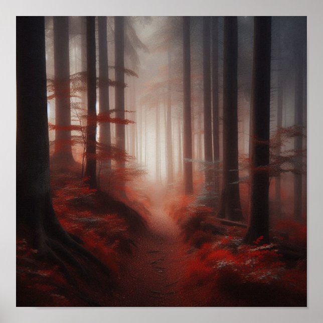 Misty Red Forest Trail of Silence – Autumn Poster  (Frente)