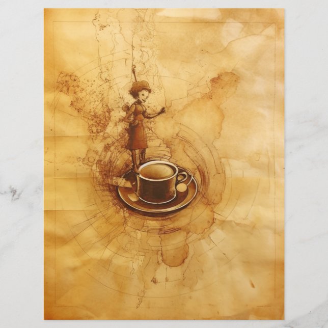 Moça de papel manchada de café e copo de café (Frente)
