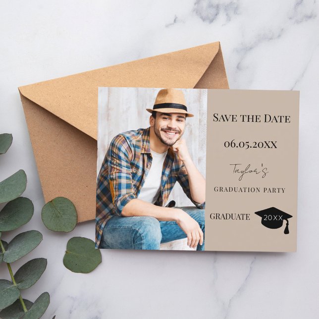 Mocha beige Graduation Party Save the Date card (Criador carregado)