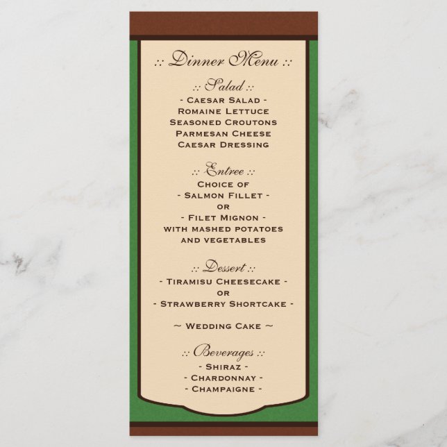 Mocha doce e menus de Recepção de casamento verde (Frente)