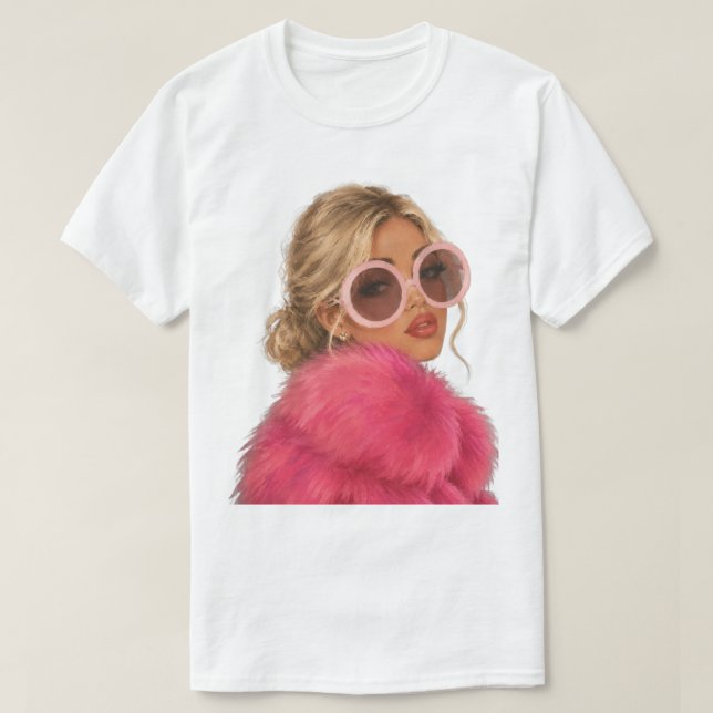 Moda Glamour Loira em Camisa de Pelúcia Rosa Falsa (Frente do Design)