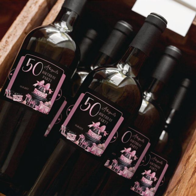 Moda preta, cor-de-rosa, 50ª Festa de aniversário (Glam Pink and Black French Couture Fashion 50th Birthday Party Bottle Labels)