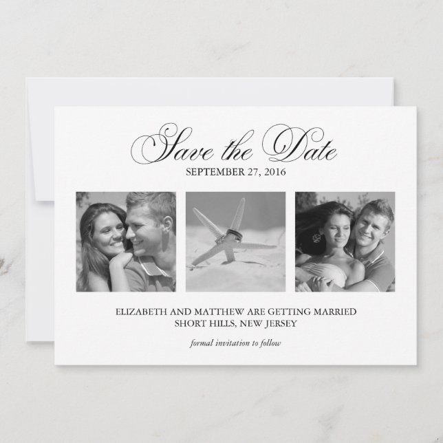 Modelo de 3 fotos para casamento Save the Date (Frente)