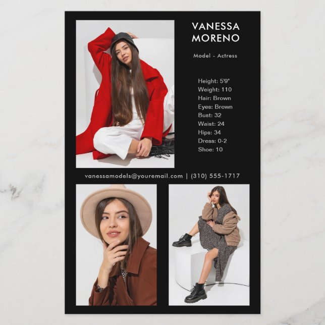 Modelo de Ator Comp Card 3 Photo Black Flyer (Frente)