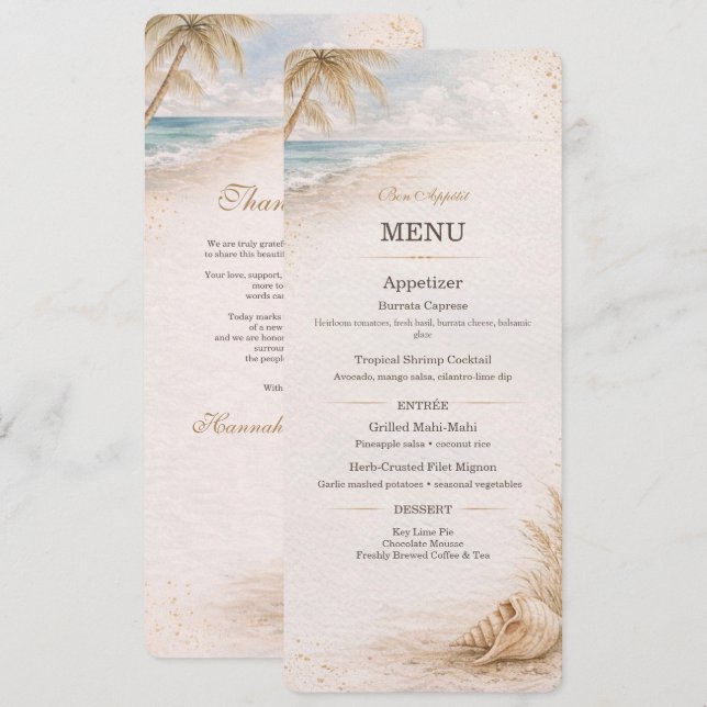 Modelo de Cardápio de Casamento na Praia (Frente/Verso)