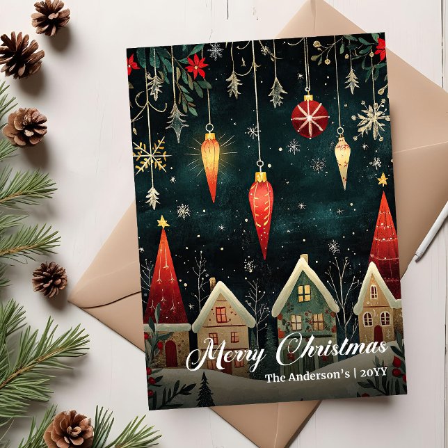 Modelo de cartão de cena de Natal caprichosa e nos (Whimsical nostalgic Christmas scene card template)
