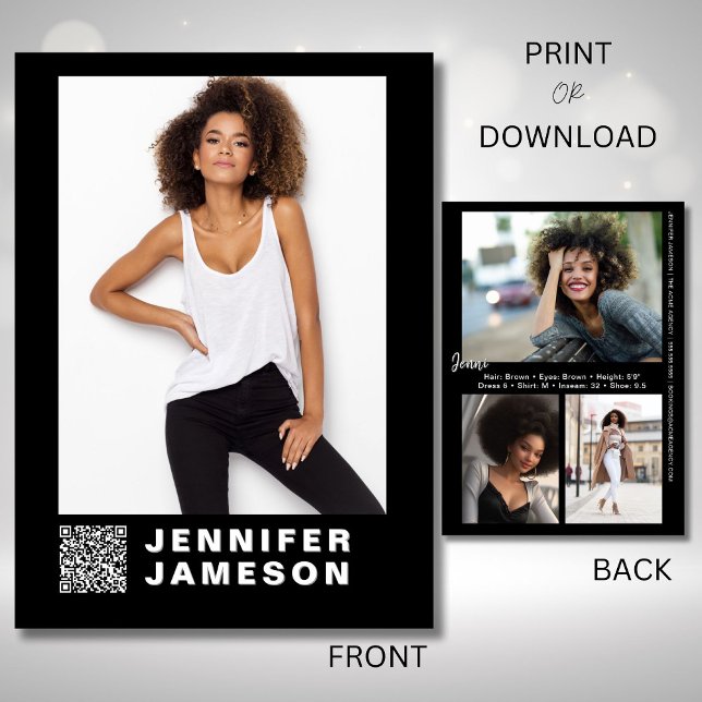 Modelo de Cartão de Comp | Código QR + 4 Fotos (Elevate your talent brand with this comp card featuring a QR code, and signature element on the back)