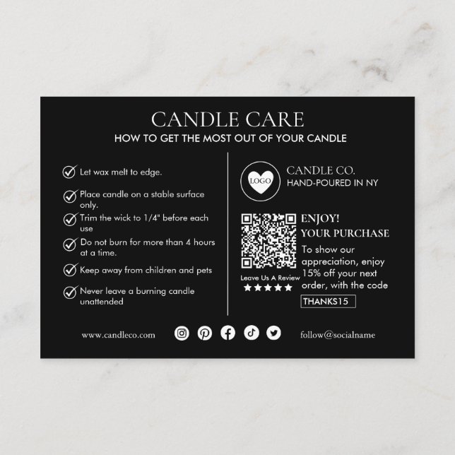 Modelo de Cartão de Cuidados com Velas Minimalista (Verso)