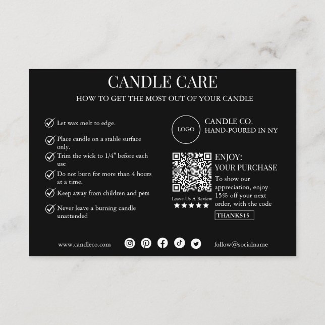 Modelo de Cartão de Cuidados com Velas Minimalista (Verso)