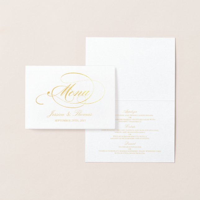 Modelo de Cartão de Menu Chic Gold Foil & White We (Exibição)