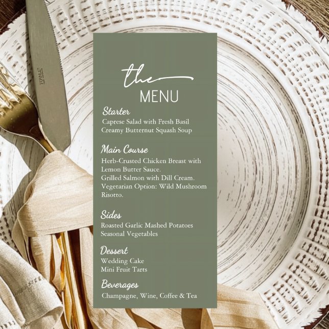 Modelo de Cartão de Menu de Casamento em Verde Sal (Criador carregado)