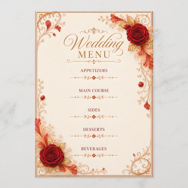 Modelo de Cartão de Menu de Casamento Rosa Vermelh (Frente)