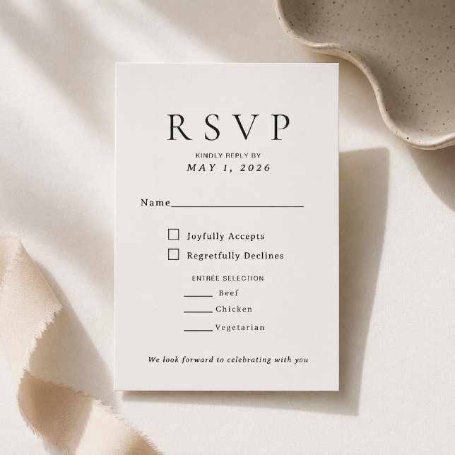 Modelo de Cartão de Resposta de Casamento em Scrip (Elegant Script + Serif RSVP Card with timeless typography for sophisticated wedding celebrations.)