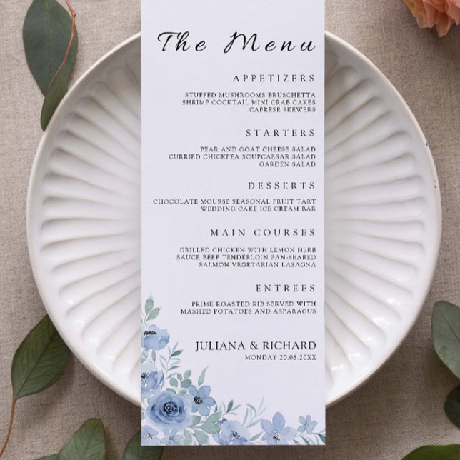 Modelo de Cartões de Menu de Casamento Azul (Blue Wedding Menu Cards Template)