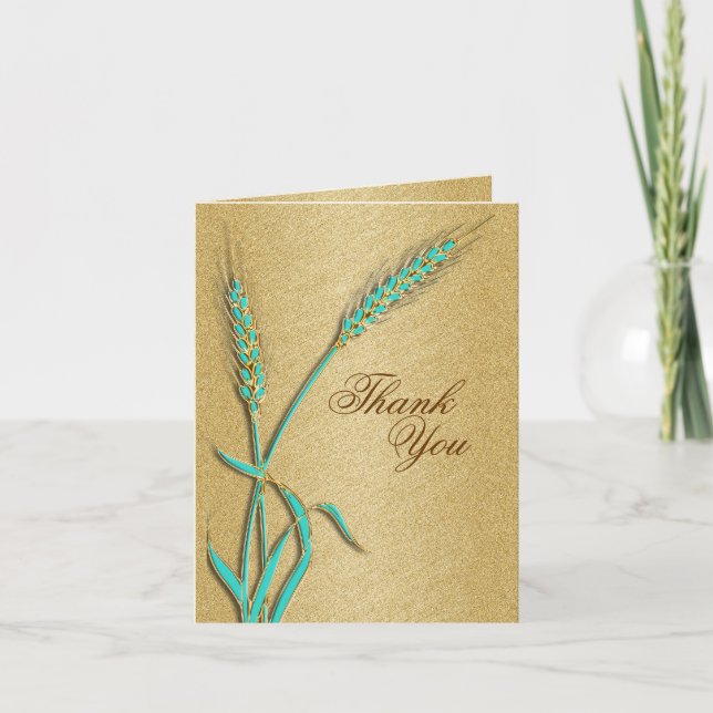 Modelo de casamento "Obrigado" em dourado aqua (Frente)