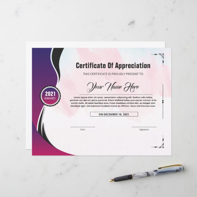 Modelo de certificado de apreciação personalizável (Frente/Verso In Situ)