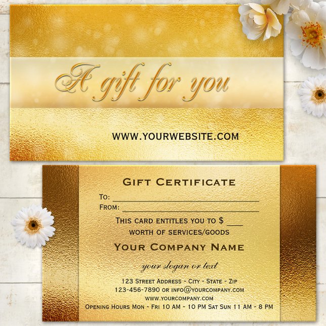 Modelo de Certificado de Presente com Brilho Doura (Gift certificate business card featuring festive gold and bokeh sparkles)