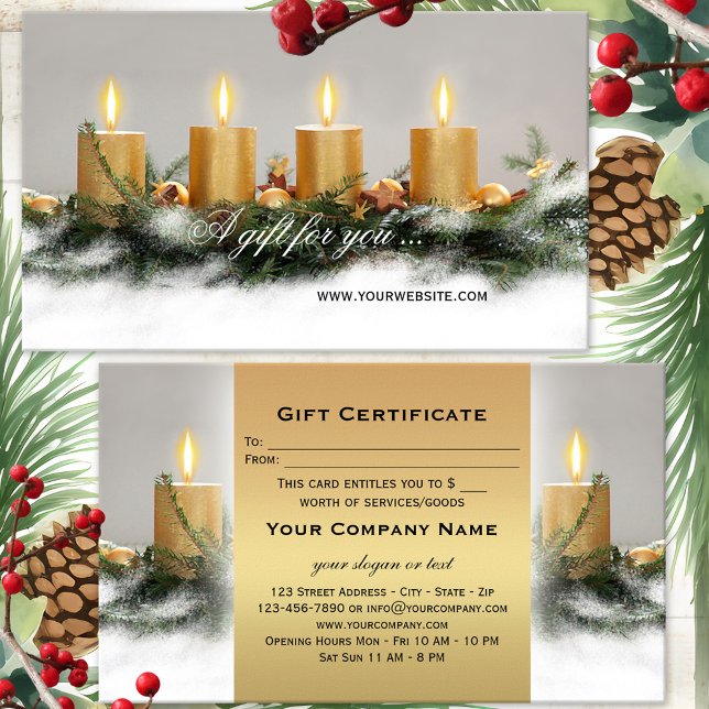Modelo de Certificado de Presente de Natal com Vel (Festive Christmas Holidays gift certificate featuring golden candles with pine twigs in snow)