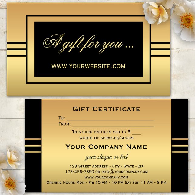 Modelo de Certificado de Presente Preto Dourado El (Elegant business card sized gift card voucher in gold and black with stripes)