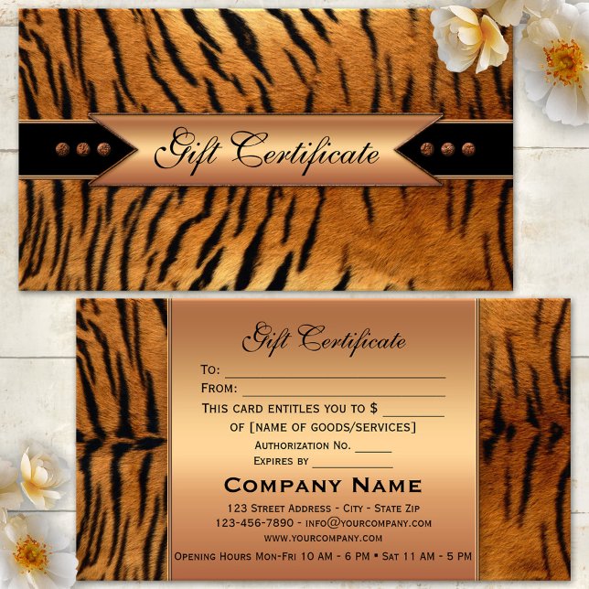 Modelo de Certificado de Presente Rose Gold Tiger  (An elegant gift certificate template featuring a classic tiger print and festive rose gold design)