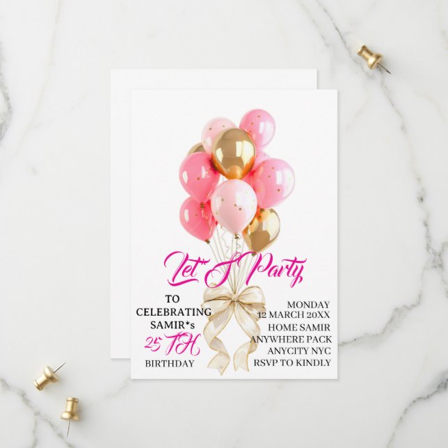 Modelo de Convite de Aniversário com Balões Rosa:  (Frente/Verso In Situ)