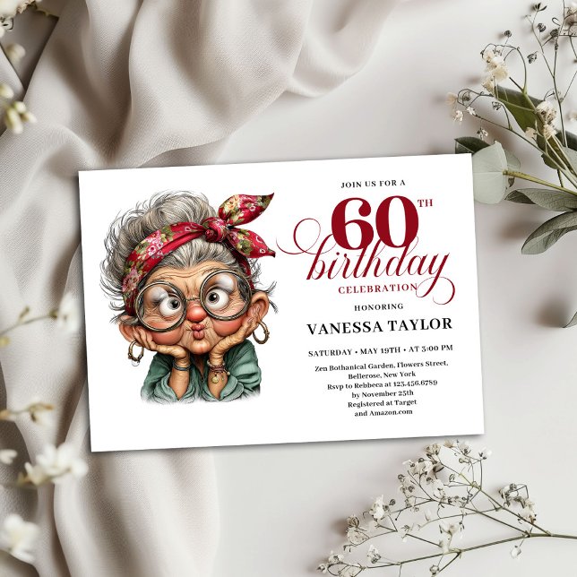Modelo de Convite de Aniversário de 60 Anos para u (Funny Old Lady 60th Birthday Party Invite Template)