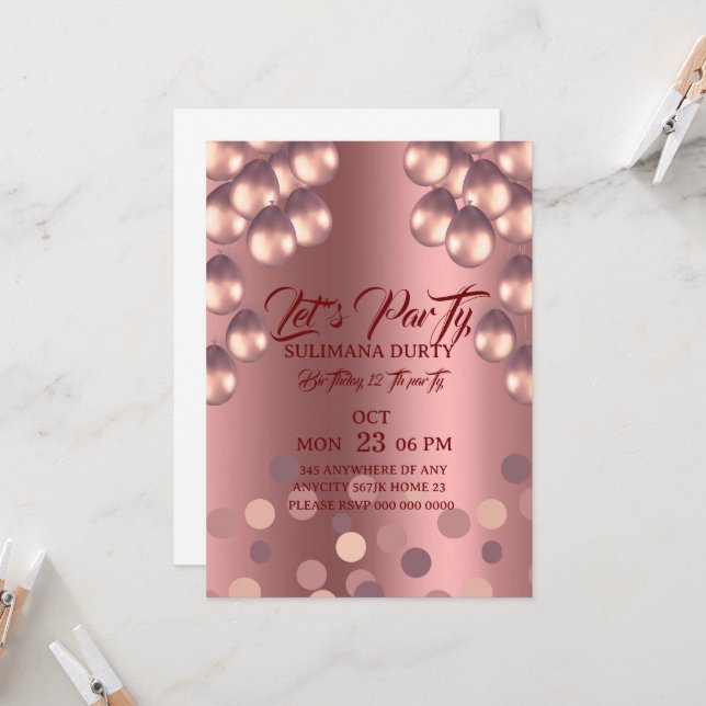 Modelo de Convite de Aniversário Rose Gold: Vamos  (Frente/Verso In Situ)