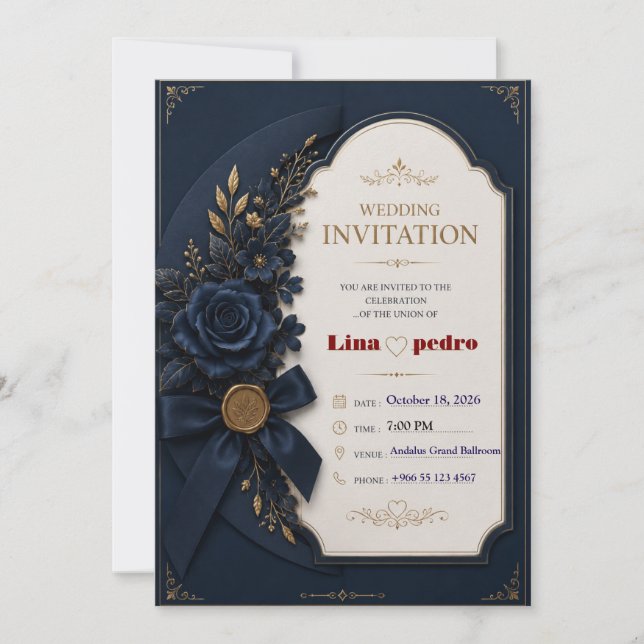 Modelo de Convite de Casamento Azul e Dourado Edit (Frente)